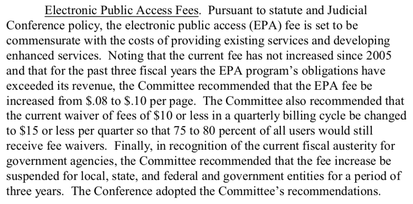 Screenshot of PACER fee changes